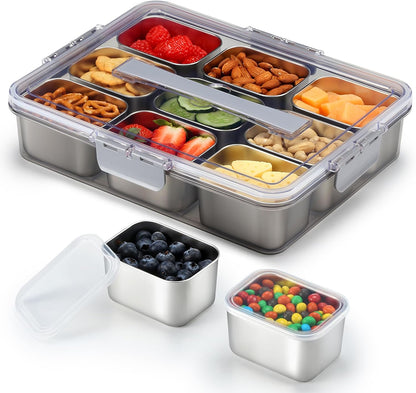 Snackle Box Container, Stainless Steel Snack Containers for Adults, 9 Compartments Divided Serving Tray with Lids and Handle, Portable Snack Platter for Parties, Grey