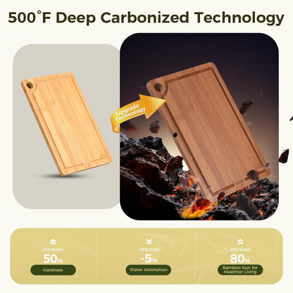 Bamboo Cutting Board for Kitchen, 3-Piece Wooden Cutting Board Set with Deep Juice Grooves, Side Handles, Non-Slip Mats, Reversible Boards for Meat, Vegetables, Fruit and Cheese
