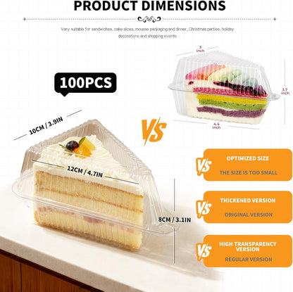 YOIYINI 100Pcs Cake Slice Containers,Pie Slice Containers for 6”-8” Diameter Cake or Pie Slices,Individual Cheesecake Containers,Plastic Boxes for Take Out Packaging, Bakery and Cafe Cake Carriers