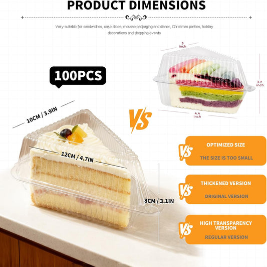 YOIYINI 100Pcs Cake Slice Containers,Pie Slice Containers for 6”-8” Diameter Cake or Pie Slices,Individual Cheesecake Containers,Plastic Boxes for Take Out Packaging, Bakery and Cafe Cake Carriers