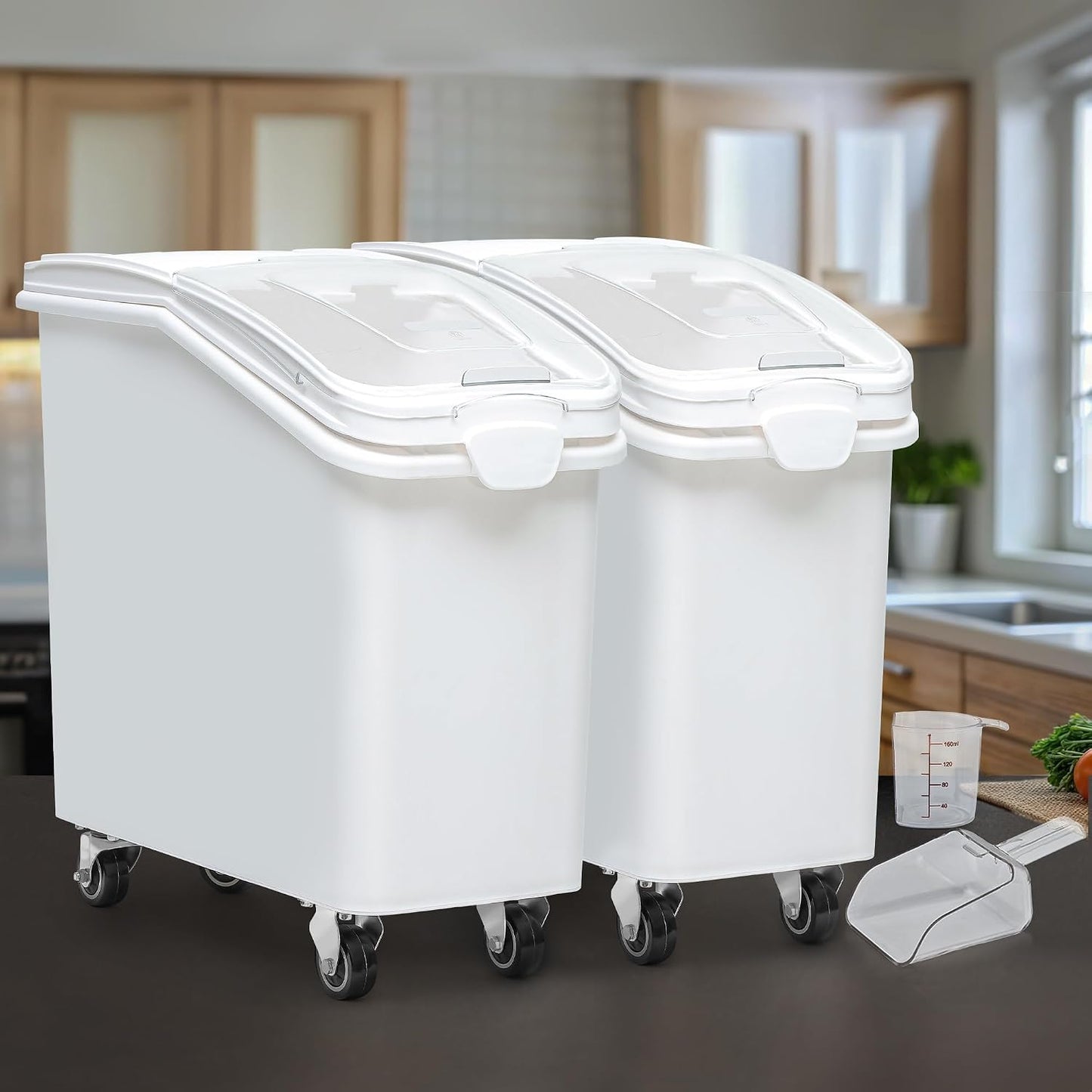 YITAHOME Ingredient Storage Bin, 20.6 Gal(11.4+5.8+3.4 Gal) Commercial Rice Flour Storage Container 500 Cups Storage Bins with Wheels Shelf-storage Bin with Scoop and Lid, Rice Bin for Kitchen, White