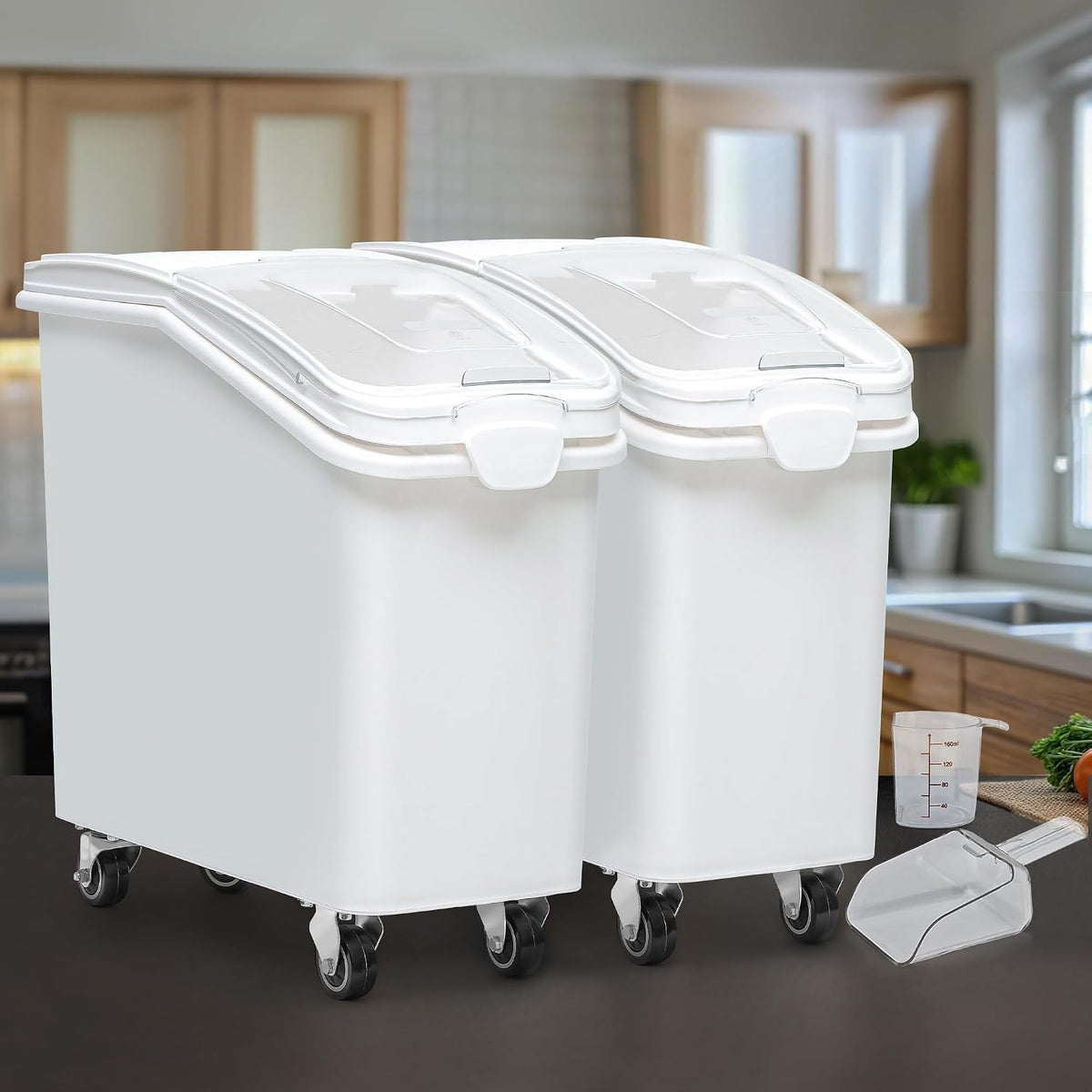 YITAHOME 50L/90lb Large Ingredient Flour Storage Bin, Commercial 11.4-Gallon Rice Storage Container 280 Cups Bulk Flour storage Bins with Wheels,Scoop,Lid and scale, Rice Bin for Kitchen, White