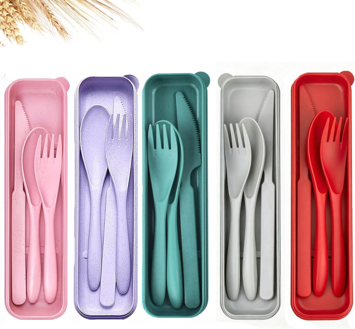 Travel Utensils Set - Reusable 5 Sets Wheat Straw Plastic Cutlery with Case, Portable Forks Spoons and Knives Set, Eco-Friendly BPA Free for Daily Use (5 Purple)