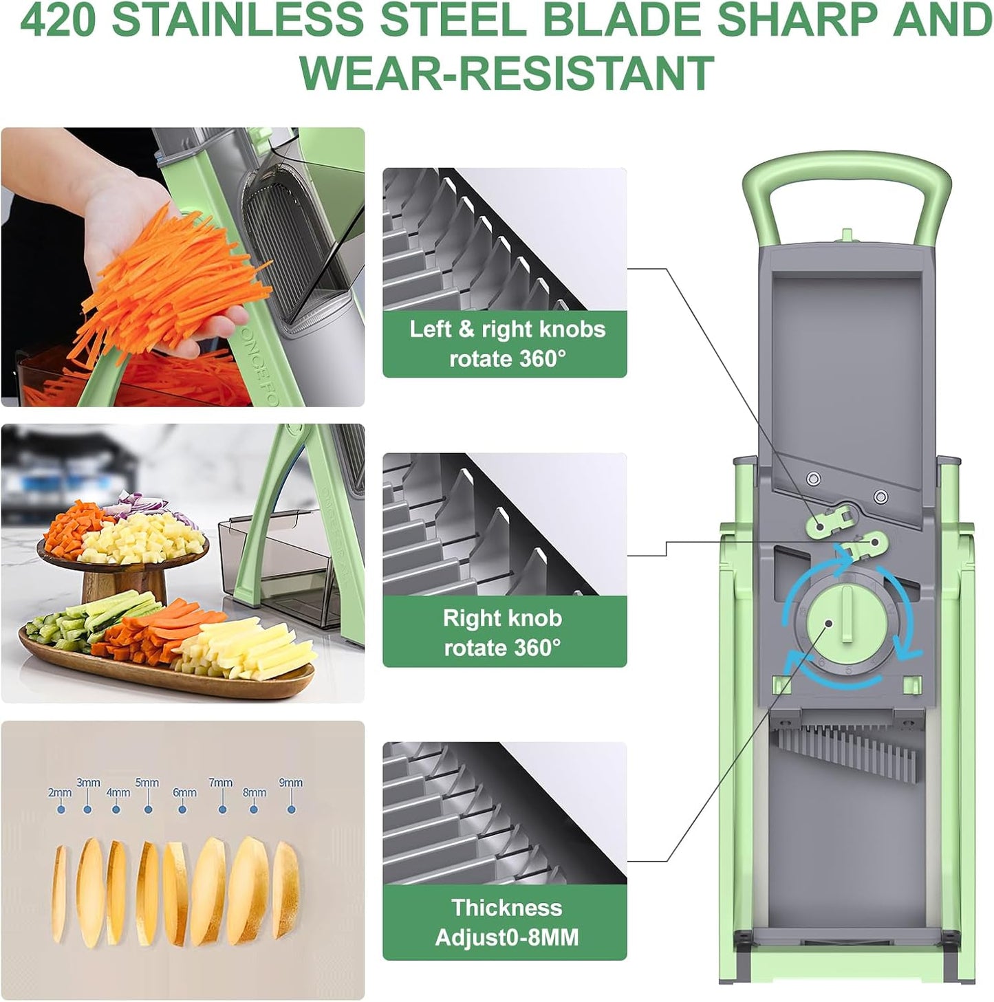 [All in 1] Upgraded Version Safe Mandoline Slicer for Kitchen, Adjustable Thickness. Veggie Slicer, Rapid Prep Mandoline, Detachable Blade, Cleaning Brush/Paring Knife (Black Knight)