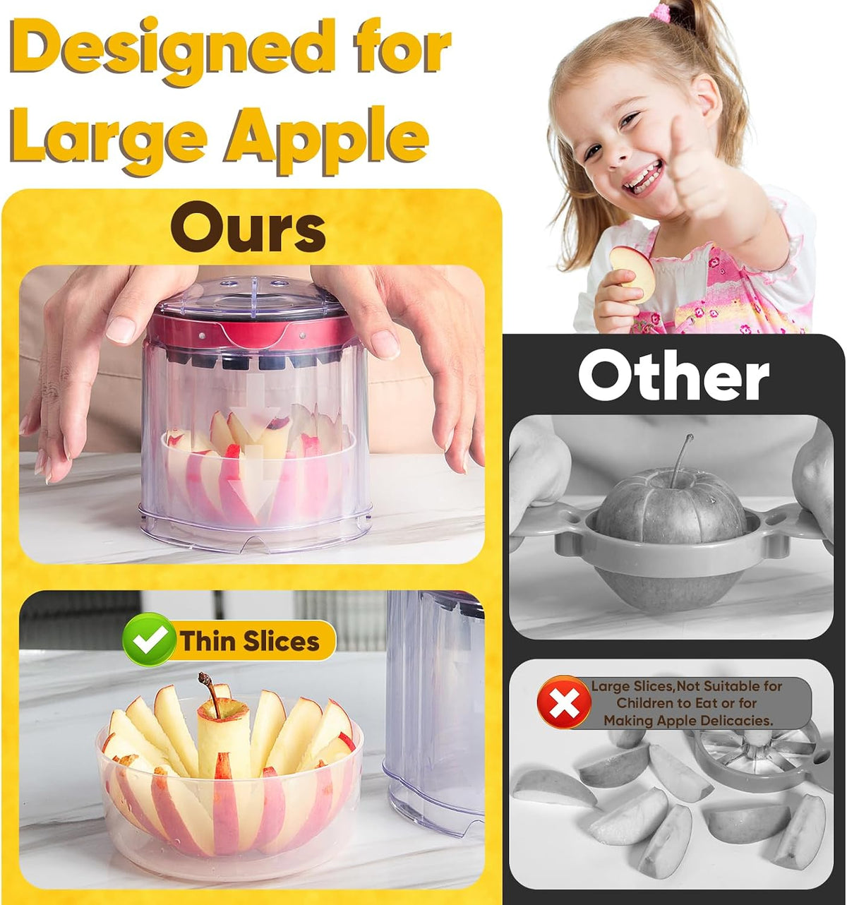 Newness 5.12-Inch Apple Slicer – Extra-Large, Ultra-Safe Stainless Steel Cutter for 8 Perfect Slices, Effortless Cutting, Cuts All the Way Through with Transparent Bowl