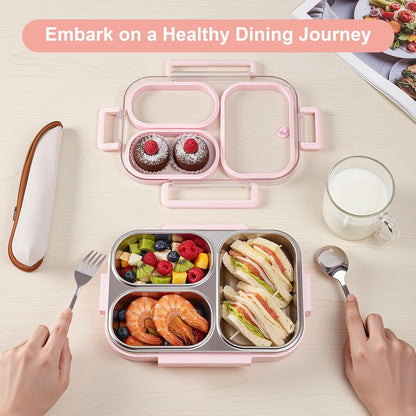 25oz 18/8 Stainless Steel Lunch Box Kit (Bento Box + Fork/Spoon) - 3 Leakproof Compartments - Metal Snack Box for Kids & Adults - School/Office/Travel - Dishwasher Safe (Beige)