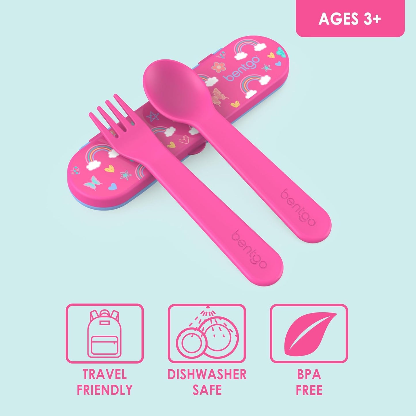 Bentgo Kids Utensil Set - Reusable Plastic Fork, Spoon & Storage Case - BPA-Free Materials, Easy-Grip Handles, Dishwasher Safe - Ideal for School Lunch, Travel, & Outdoors (Shark)