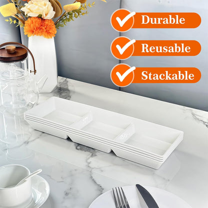Divided Serving Tray Platter, 4 Pack 15" x 10" Fruit Veggie Food Tray for Party, Plastic Serving Trays for Appetizer, Snack, Dessert, Cookie, Brunch Decorations Platters, White Trays BPA-Free