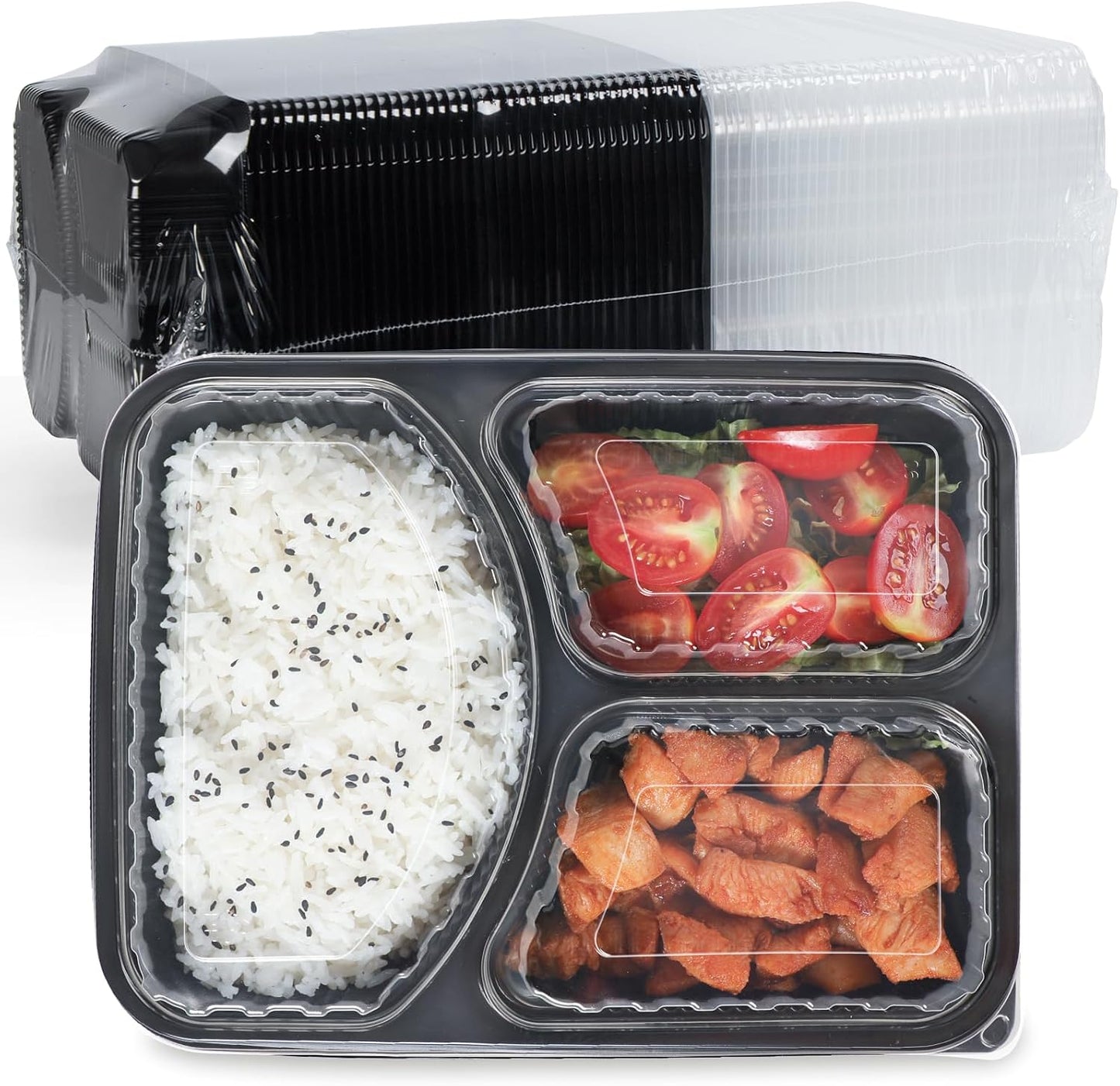 Meal Prep Container Reusable 40 Pack 34oz - Shrink Wrap Leakproof | Portion Control Leftover Plastic Food Containers with Lid | BPA Free Freezer & Microwave Safe | 4 Compartment Takeout Boxes
