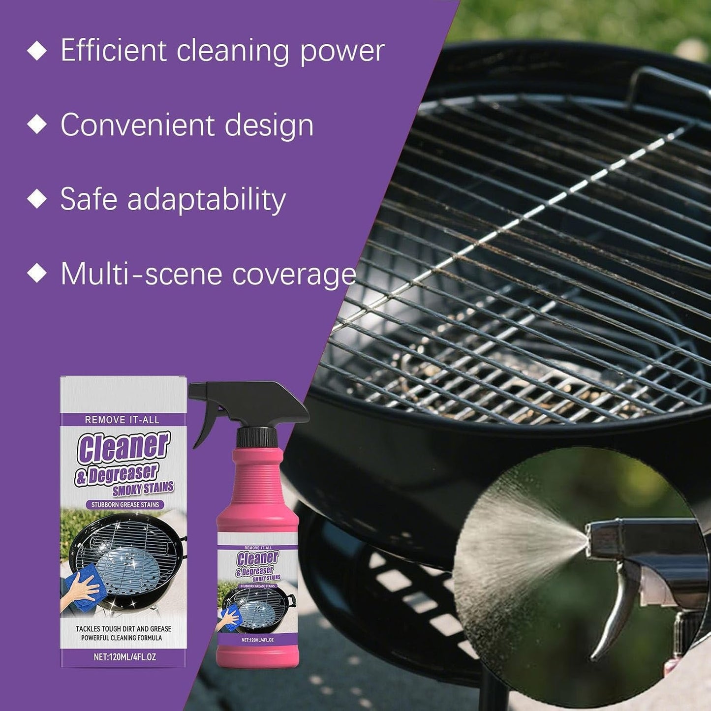 Fast-Acting Heavy-Duty Grill Degreaser Spray, 120 Ml BBQ Heavy Duty Degreaser Grill for Outdoor Grills, Professional BBQ Cleaner for Grates and Smoker