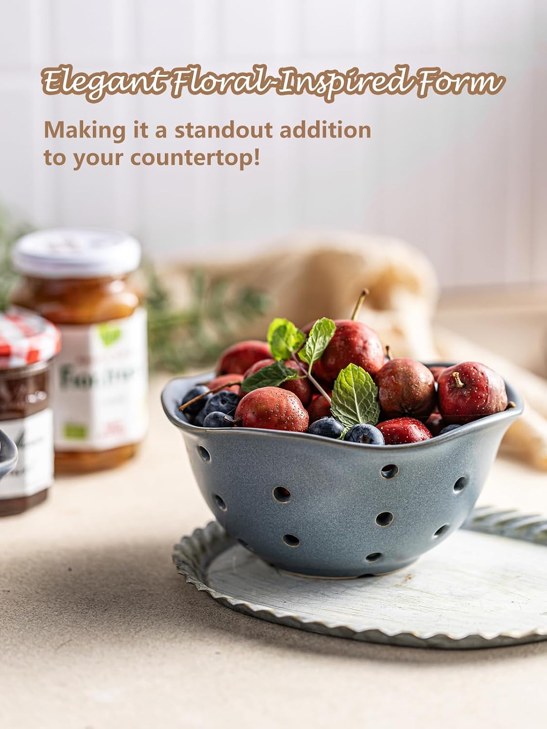 Gomakren Berry Bowls with Holes Ceramic, Berry Washing Bowl Basket Set of 2, 5.8 Inch Round Fruit Bowl Storage Containers, Strawberry Baskets, Farmhouse Kitchen Decor, Yellow + Brown