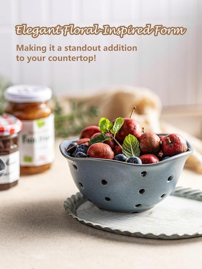 Gomakren Berry Bowls with Holes Ceramic, Berry Washing Bowl Basket Set of 2, 5.8 Inch Round Fruit Bowl Storage Containers, Strawberry Baskets, Farmhouse Kitchen Decor, Yellow + Brown