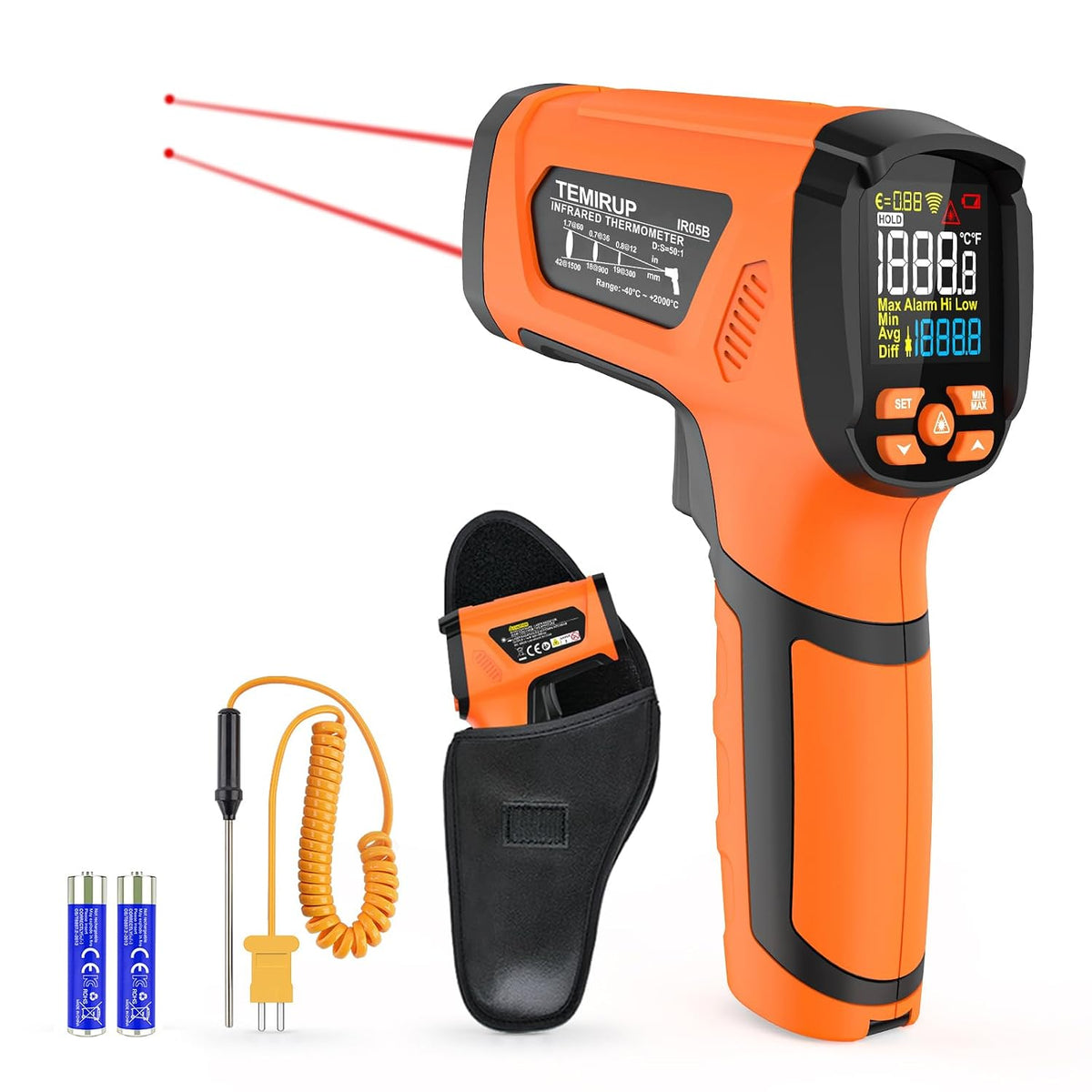 Infrared Thermometer Gun, Non Contact Digital Laser Thermometer Temperature Gun with Color LCD for Cooking, Home Repairs, Humidity Measurement, Adjustable Emissivity -58°F to 1472°F(-50~800°C)