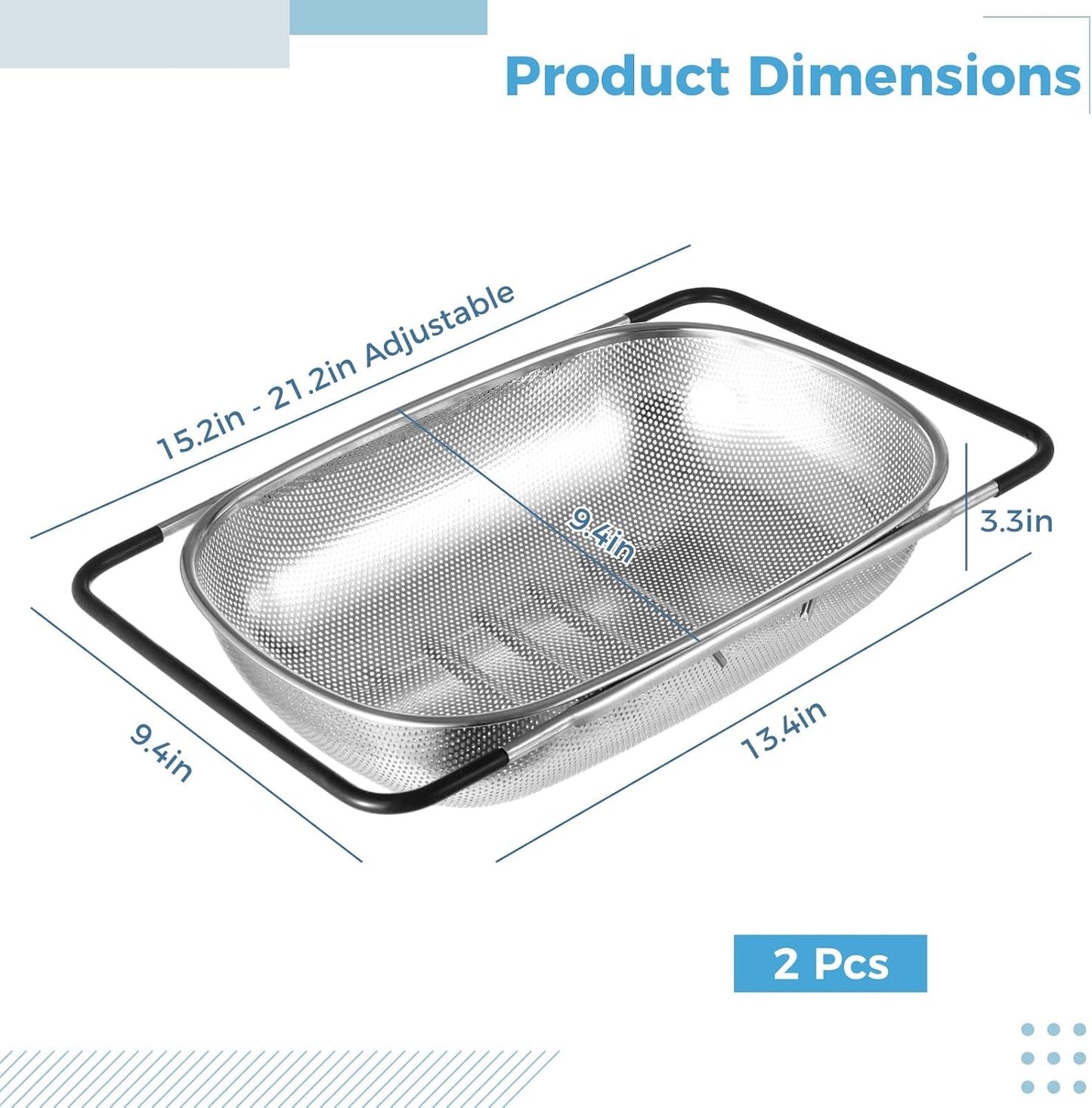 2 Pcs Over the Sink Colander, Strainers and Colanders for Kitchen Sink Strainer Basket with Expandable Handles Stainless Steel Strainer,Pasta Vegetable Food Fruit Strainer