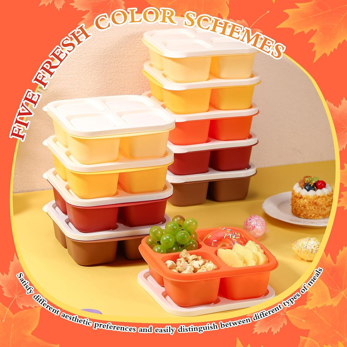 Honeydak 10 Pack Bento Snack Containers 4 Compartment Snack Boxes Reusable Containers with Lids Divided Meal Prep Lunch Food Storage Box for School Work Travel