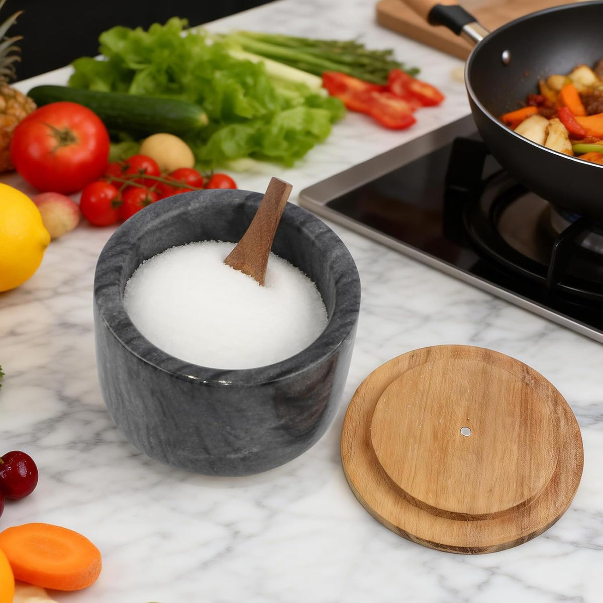 Salt and Pepper Spice Cellar, Marble Container for Coffee, Sugar, Spices and Candies, With Built-in Magnetic Attraction Spoon and Acacia Wood Lid, 6.5 oz (Snowflake White)