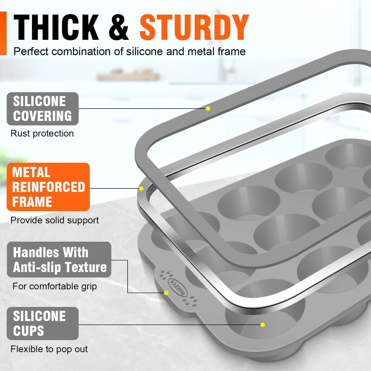 Walfos Silicone Muffin Pan - 12 Cups Regular Silicone Cupcake Pan, Non-stick Great for Making Muffin Cakes, Tart, Bread - BPA Free and Dishwasher Safe