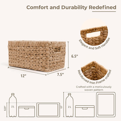 KOKODO Wicker Storage Basket Set of 2, Rectangular Baskets for Shelves with Handles & Chalkboard Labels, Handwoven Water Hyacinth Baskets for Organizing Pantry, Closet & Home.
