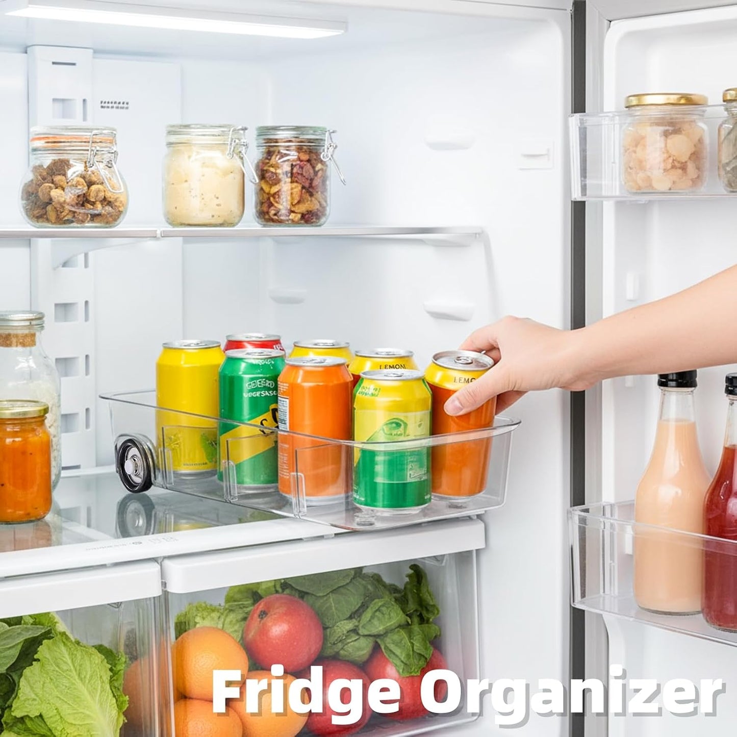 2 Pack Refrigerator Organizer Bin with Wheels, Roll Out Pantry Storage with Dividers, Clear Plastic Refrigerator Drawer, Upgrade Thick Fridge Caddy for Under Sink, Kitchen Organization
