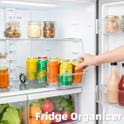 2 Pack Refrigerator Organizer Bin with Wheels, Roll Out Pantry Storage with Dividers, Clear Plastic Refrigerator Drawer, Upgrade Thick Fridge Caddy for Under Sink, Kitchen Organization