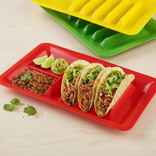 BNYD 3 Pack Taco Holder Stand, Colorful Plastic Taco Plates for Hard & Soft Shell Tacos, Assorted Colors, Holds 4 Tacos Each, Dishwasher Safe