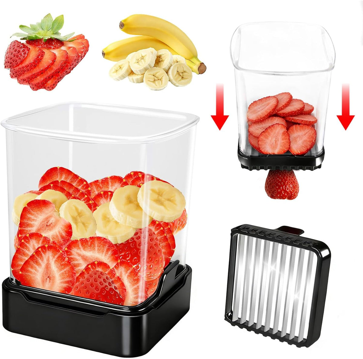 Fruit Slicer Cup for Strawberry, Banana, Hard-Boiled Egg - Detachable Cutter with Push Plate - 304 Stainless Steel Blade - Rapid & Safe Slicing Kitchen Gadget for Quick Meal Prep (Blackish green)