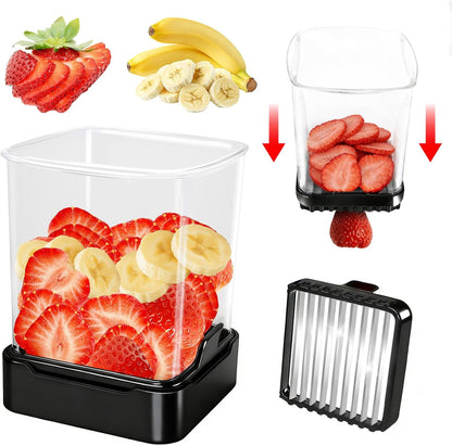 Fruit Slicer Cup for Strawberry, Banana, Hard-Boiled Egg - Detachable Cutter with Push Plate - 304 Stainless Steel Blade - Rapid & Safe Slicing Kitchen Gadget for Quick Meal Prep (Blackish green)