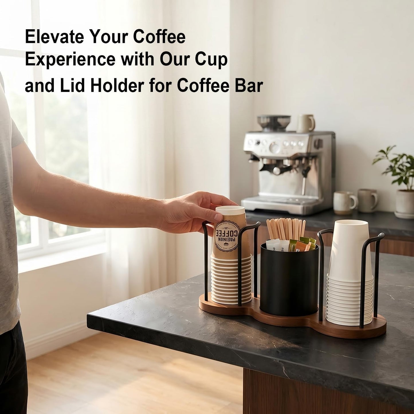 GOYLSER Coffee Station Organizer with Straw & Stirrer Storage Caddy for Cups Lids, Disposable Paper Cup Holder Cup Organizer for Coffee Bar, Office, Home Kitchen, Gold