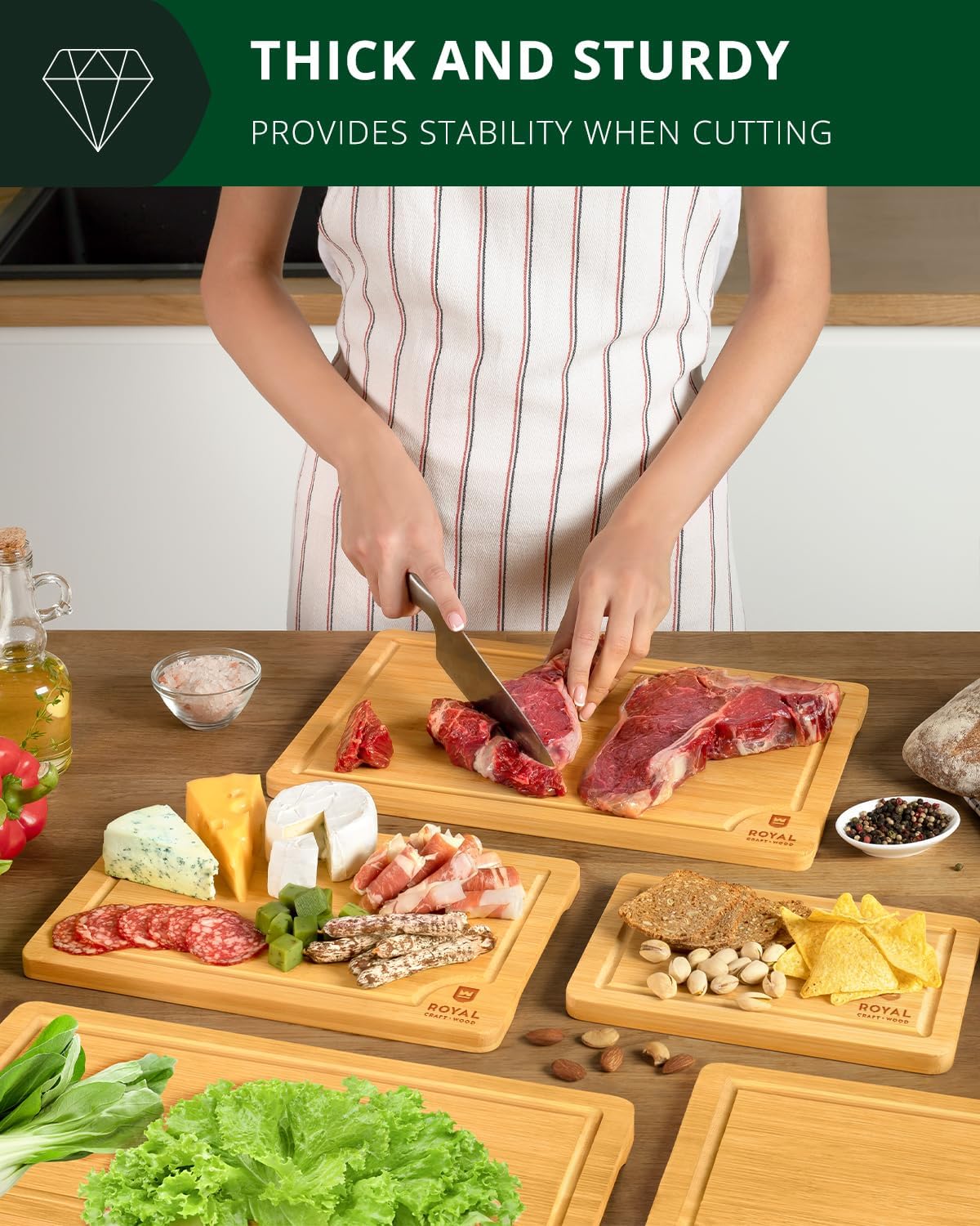 ROYAL CRAFT WOOD Wooden Cutting Boards for Kitchen Meal Prep & Serving - Bamboo Wood Serving Board Set with Deep Juice Groove Side Handles - Charcuterie & Chopping Butcher Block for Meat