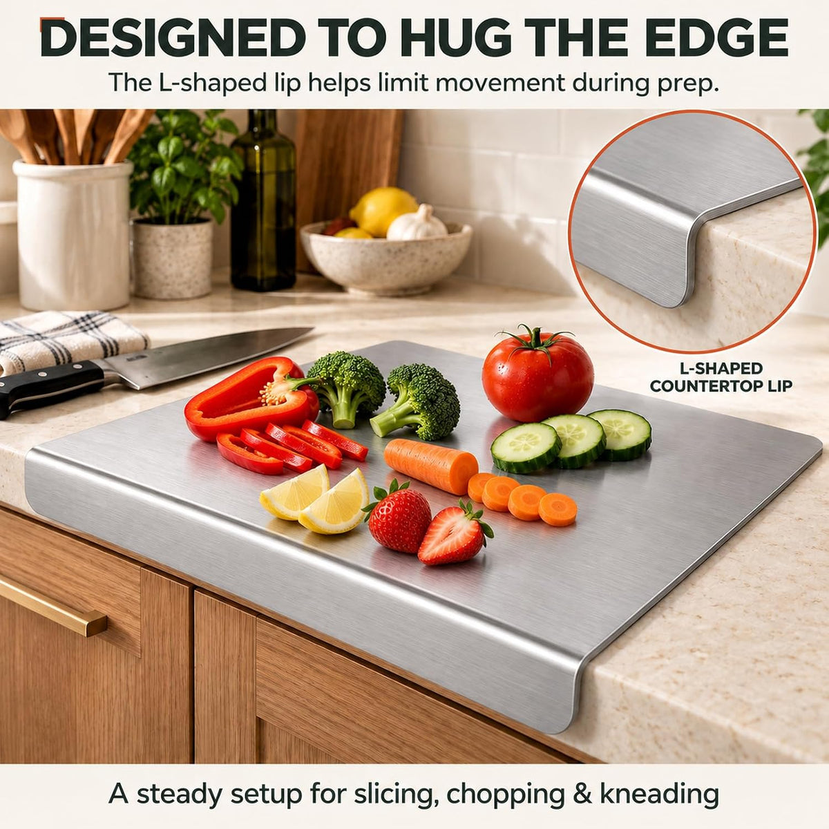 Kant Stainless Steel Cutting Board with Lip, Steel Cutting Boards for Kitchen Non-Toxic Dishwasher Safe Chopping & Kneading Board for Dough Meat/Vegetable/Fruit/Bread/Baking Gift-Ready(S+L)