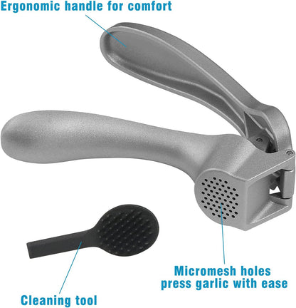 Garlic Press, Garlic Mincer Easy-squeeze Ergonomic Handle, Rust Proof, No Need To Peel, Professional Ginger Press & Garlic Crusher with Handy Cleaning Brush- Dishwasher Safe