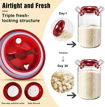 2.6 Gallon Glass Rice Storage Container with Airtight Lid & Handle, 10L Large Glass Food Storage Jar for 20 lb Rice or 10 lb Flour, Wide Mouth Pantry Canister with Silicone Base