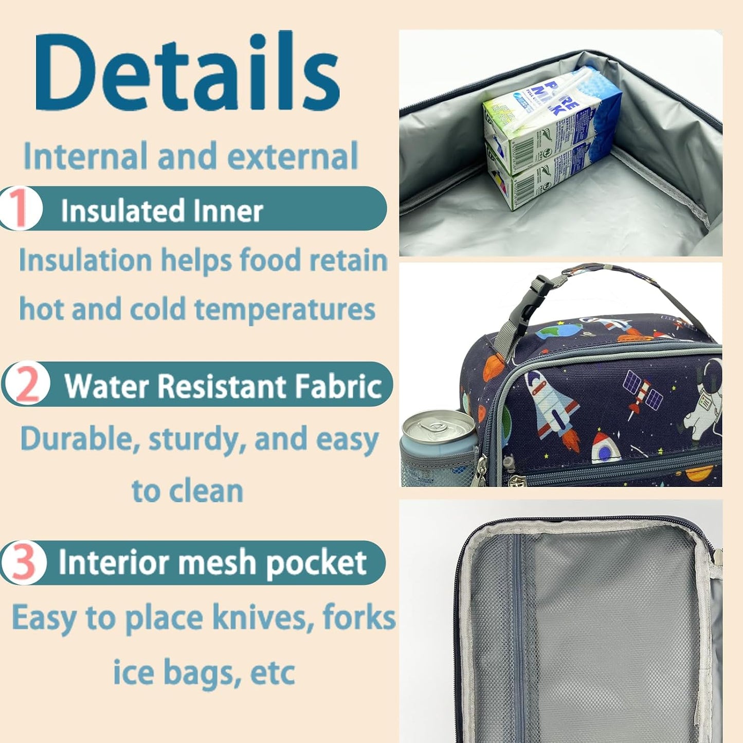 Kulle Astronaut Lunch Box for Boys, Insulated Kids Lunch Bag with Freezable Compartment, Thermal Reusable Lunchbox for School, Outdoor, Daycare - Space Theme Design