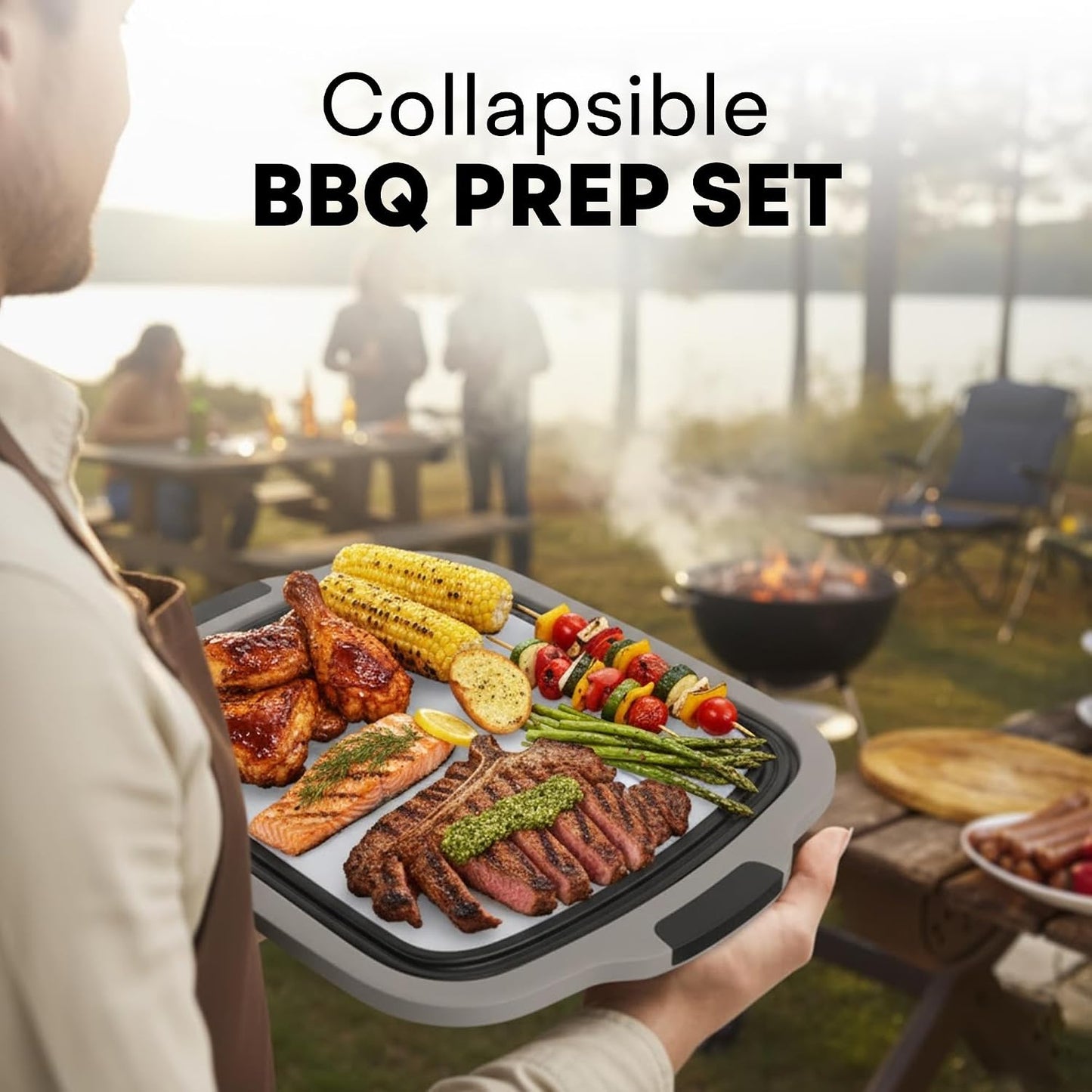 2-Pack XL Collapsible BBQ Prep Tub with Built-in Cutting Board, Lid & Strainer – Multipurpose Meal Prep Container for Outdoor Cooking, BBQ Parties, Kitchen & Travel Use (Black)