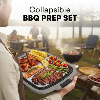 2-Pack XL Collapsible BBQ Prep Tub with Built-in Cutting Board, Lid & Strainer – Multipurpose Meal Prep Container for Outdoor Cooking, BBQ Parties, Kitchen & Travel Use (Black)