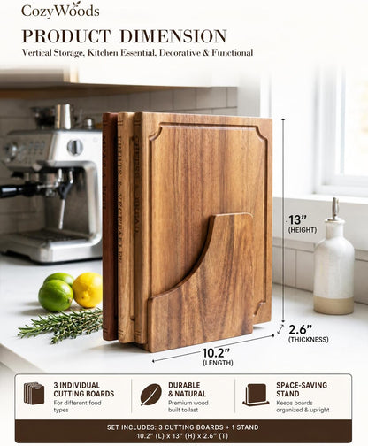 Book Cutting Board Set with Stand,3-Piece Real Hardwood Kitchen Boards
