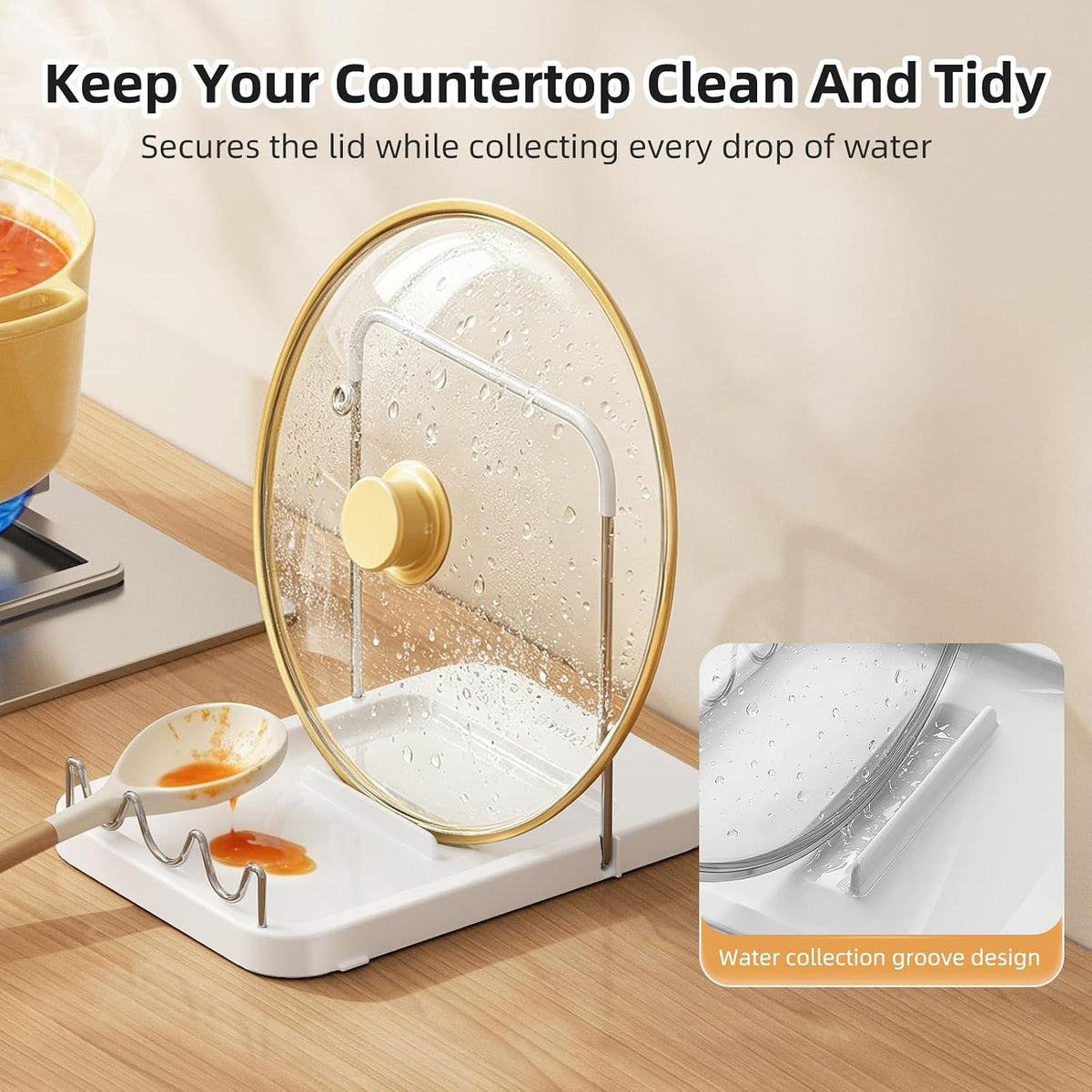 Pot Lid Holder with Wavy Spoon Rest for Kitchen Counter
