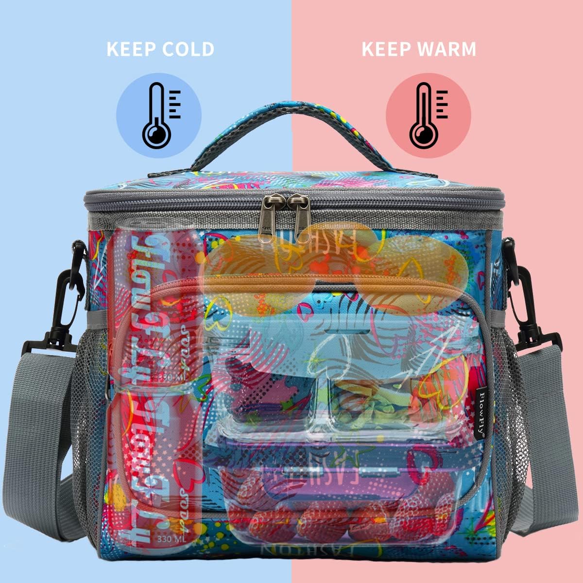 FlowFly Insulated Reusable Lunch Bag Adult Large Lunch Box for Women and Men with Adjustable Shoulder Strap,Front Zipper Pocket and Dual Large Mesh Side Pockets,Cherry - Colors B