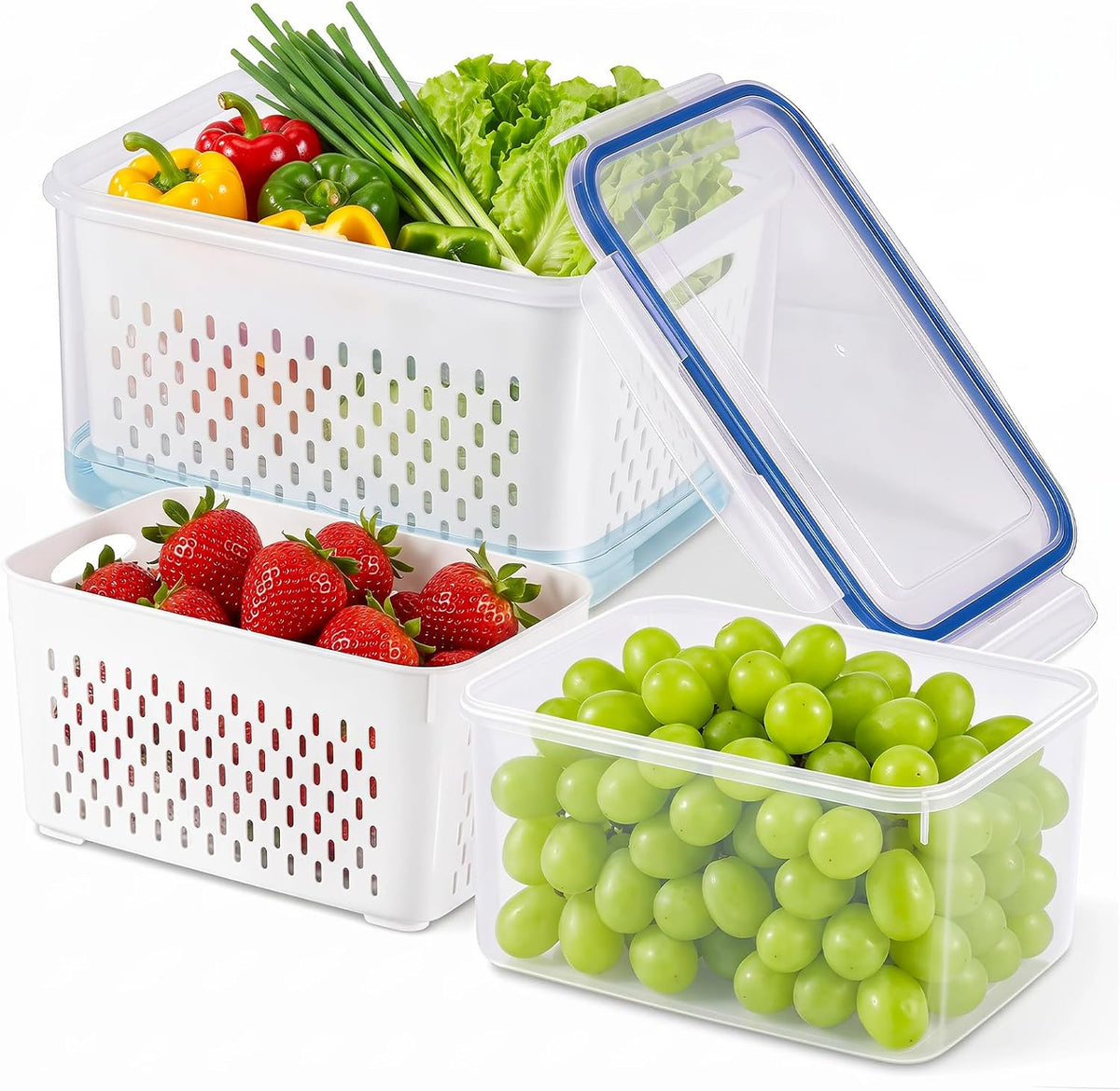3pcs 4 in 1 Fruit Storage Containers for Fridge with Removable Colanders