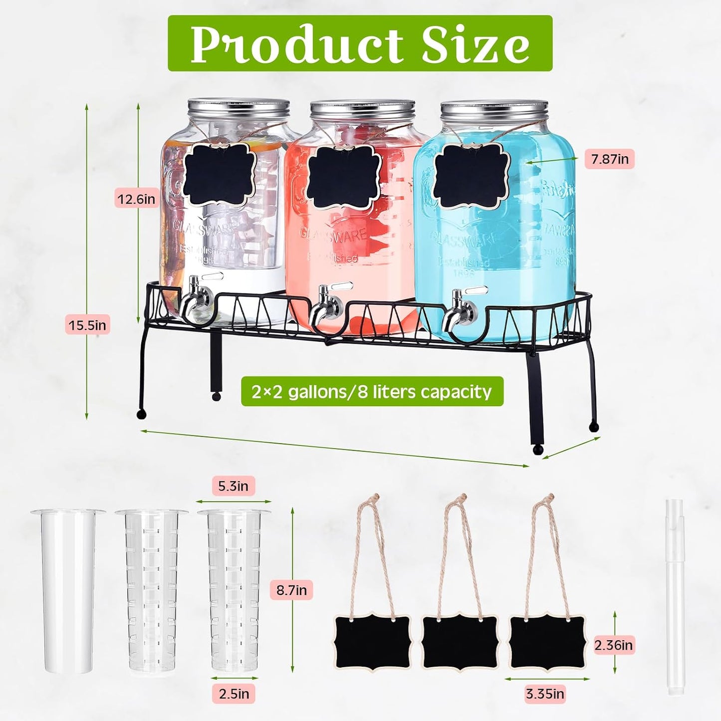 Lallisa 3 Pcs 2 Gallon Glass Drink Dispenser with Stand and Lid Mason Jar Beverage Dispenser with Stainless Steel Spigot, Hanging Chalkboard Signs, Fruit Infuse, Ice Cylinder, Liquid Pen (Black)