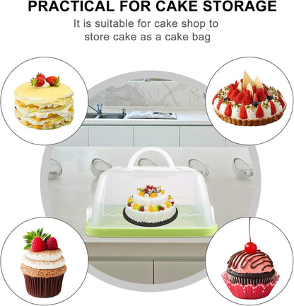 Green Cake Carrier, 10x5 in Square Plastic Cupcake & Cake Storage Box with Clear Dome Lid & Handle – Portable, Airtight Travel Container for Bakers, Chefs & Caterers