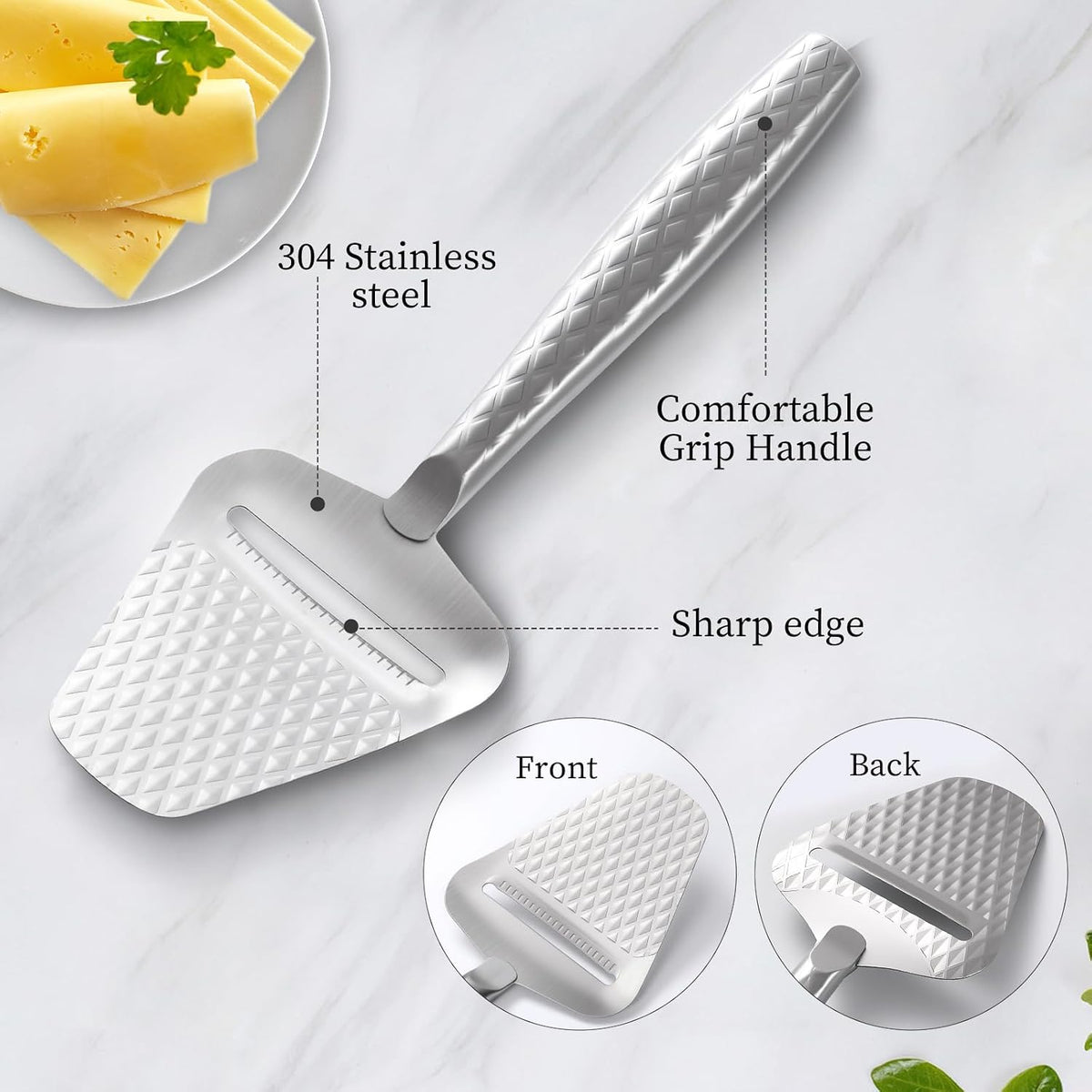 Stainless Steel Cheese Slicer – Effortless Slicing for All Cheeses – Premium Handheld Cheese Cutter – Cheese Plane for Block Cheese – Quilted Pattern Reduces Resistance, Non-Stick & Ergonomic Grip