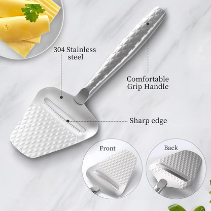 Stainless Steel Cheese Slicer – Effortless Slicing for All Cheeses – Premium Handheld Cheese Cutter – Cheese Plane for Block Cheese – Quilted Pattern Reduces Resistance, Non-Stick & Ergonomic Grip