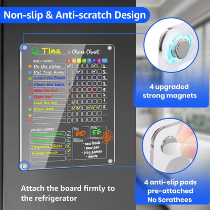 PigPotParty 2-in-1 Acrylic Magnetic Chore Chart for 2 Kids, Couples, Roommates, 15"x11" Large Dry Erase Chore Board for Fridge, Clear Weekly & Daily Reward Chart, Includes 12 Markers & Towel