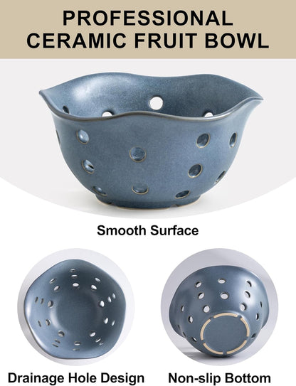 Gomakren Berry Bowls with Holes Ceramic, Berry Washing Bowl Basket Set of 2, 5.8 Inch Round Fruit Bowl Storage Containers, Strawberry Baskets, Farmhouse Kitchen Decor, Yellow + Brown