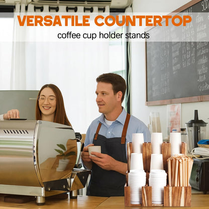 CroBlissful Wooden Vertical Coffee cup and lid dispenser, coffee condiment organizer, 9 Compartment for Disposable Paper & Plastic Cup, for cabinet Station Home Countertop Bar 13''l x 13''w x 12''h