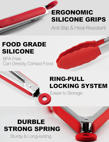Anaeat Premium Kitchen Locking Tong Set of 3 - Heavy Duty Stainless Steel Food Tongs with Long Handle & Non-Slip Silicone Grip for Cooking, Baking, Grilling - Heat Resistant up to 480°F