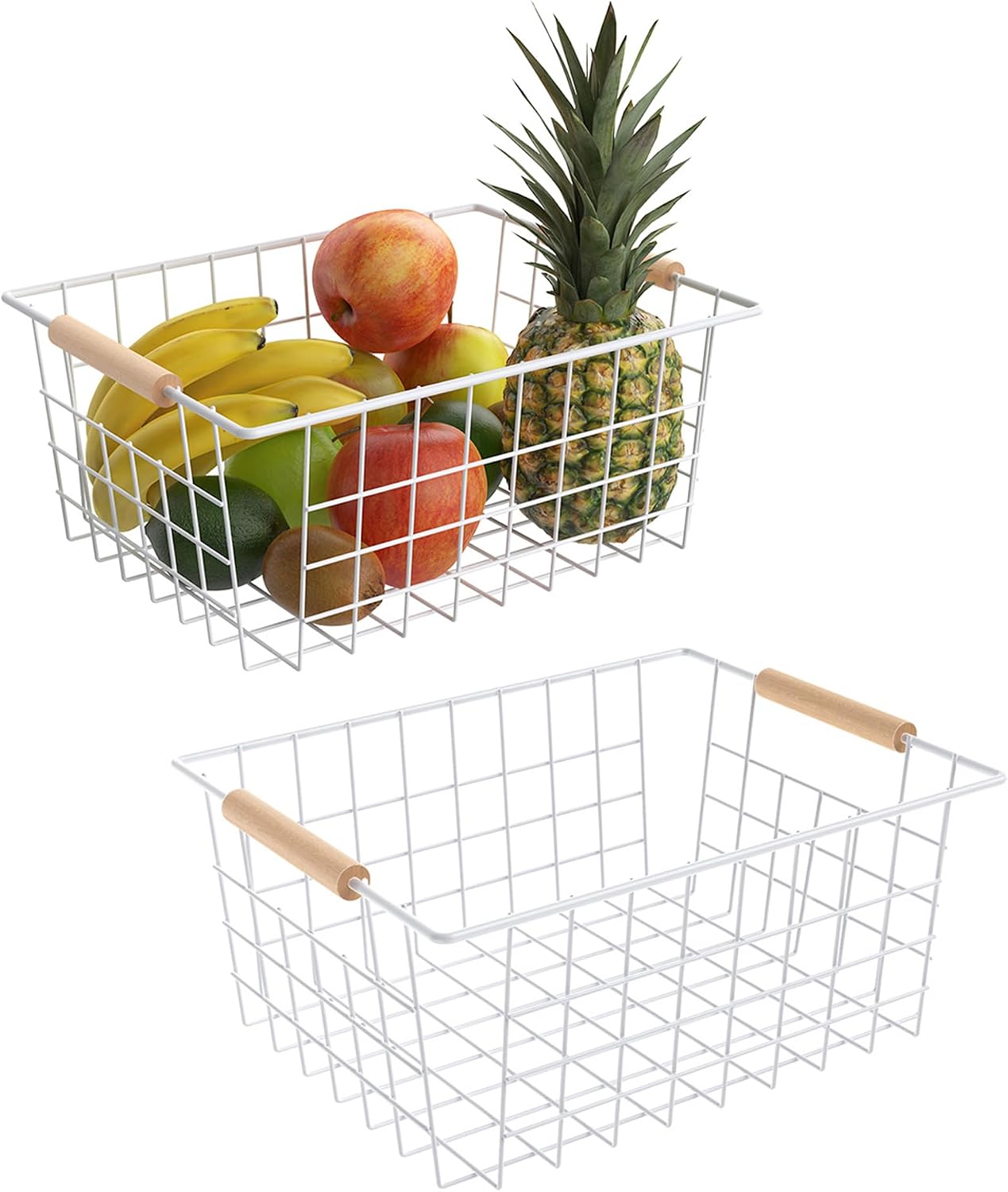 Wire Basket with Wooden Handle, Metal Utility Storage Basket for Organizing Kitchen Pantry Cabinets, Closet and Garage Shelves Drawers, Office Metal Basket Storage Organizer with Handle (Black 4 Pack)
