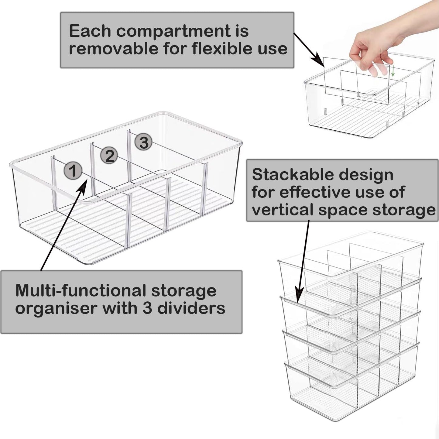 1 Pack Storage Organizer Bins, Plastic Bins Desk Organizer Containers with 4 Slots for Pantry, Kitchen, Fridge, Cabinet Packets, Snacks, Shelves, Pouches, Spice Packets