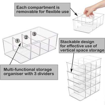 3 Pack Storage Organizer Bins, Plastic Desk Storage Bins Food Storage Organizer with 4 Slots for Pantry, Kitchen, Fridge, Cabinet Packets, Snacks, Pouches, Spice Packets